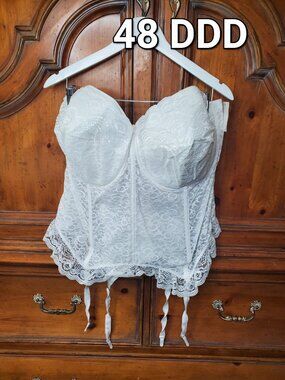 Vintage Goddess White Lace Strapless Corset Bustier Plus Size NOS 48 DDD